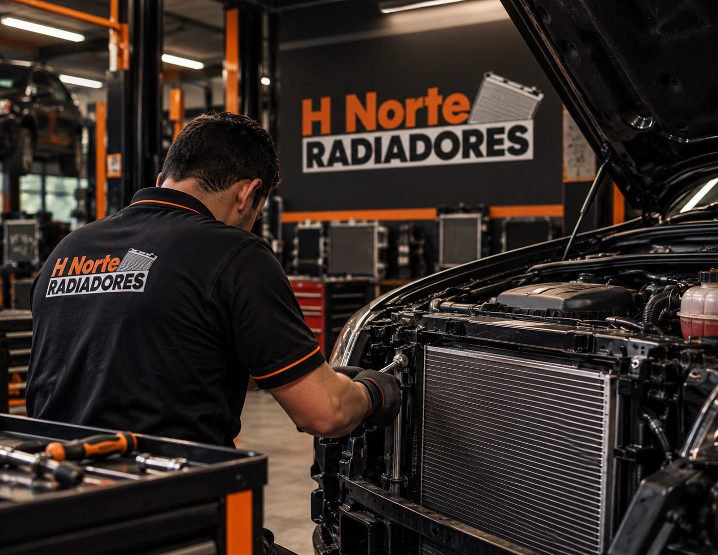 Mecânico da H Norte Radiadores fazendo manutenção em radiador na oficina